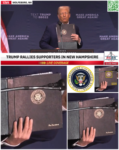 Trump Flashes Presidential Seal & President Title In Wolfeboro, New Hampshire On October 9, 2023