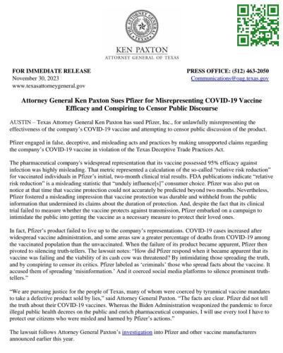 Texas Attorney General Ken Paxton Sues Pfizer For Misrepresenting COVID-19 Vaccine Efficacy & Conspiring To Censor Public Discourse - November 30, 2023
