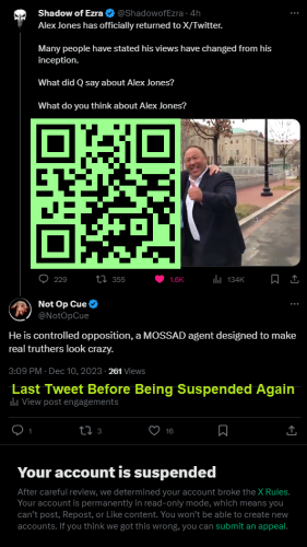 Twitter Censorship - Suspended Again For Comment About Alex Jones - December 10, 2023